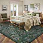 Lahome Floral 9x12 Area Rugs for Living Room Bedroom, Soft Washable Rugs 9x12 Stain Resistant, Ultra-Thin Non-Slip Boho Dining Room Rug Non-Shedding Accent Carpet for Office, Dark Green