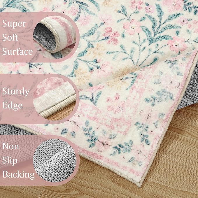 Morebes Floral Pink Rugs for Bedroom Girls, Washable 5x7 Large Area Rug for Living Room Non Slip, Vintage Low-Pile Indoor Floor Boho Flower Carpet for Kids Nursery Playroom, Light Pink&Green