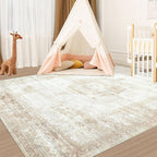 Vintage Living Room Area Rug - 6x9 Large Machine Washable Boho Moroccan Distressed Farmhouse Rugs for Bedroom - Soft Non-Slip Indoor Floor Accent Rugs for Office Dining Room (Beige, 6' x 9')