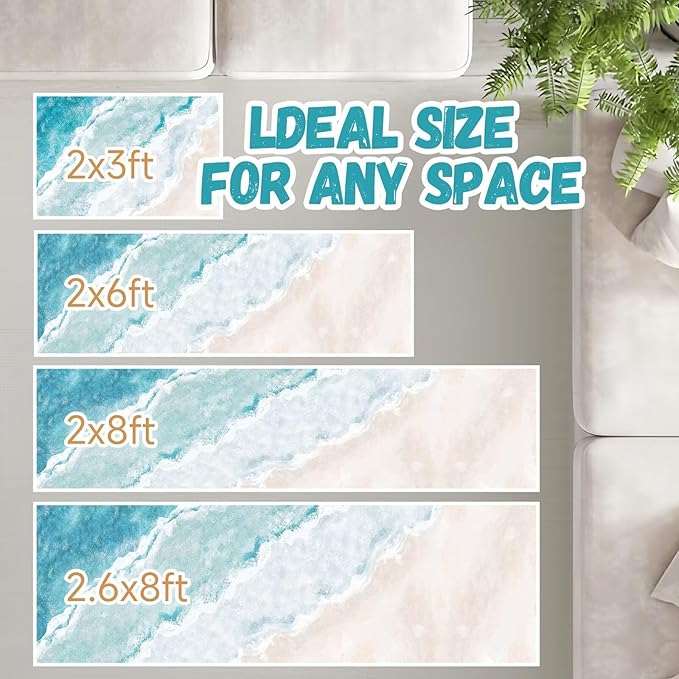 Beach Pattern Small Rug 2x3ft Runner Rug Non Slip Washable Kitchen Runner Rug with Rubber Backing，Low-Pile Soft Indoor Door mats Washable Runner Rugs for Hallway Entryway Kitchen Bedroom
