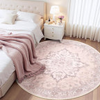 Area Rugs 4ft Washable Non-Slip, Floral Vintage Distress Print Pattern Medallion Carpet for Living Room Bedroom Dining Room, Pink Greypink Cute