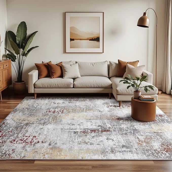 Washable Abstract Rug, 5x7 Modern Area Rugs with Non-Slip Rubber Backed for Living Room, Thin but Soft Contemporary Carpet Kitchen Bedroom Dining Room Decor, Rusty Brown