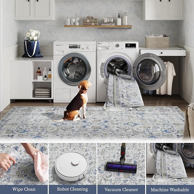 jinchan Kalen Area Rug 2x3 Washable Entryway Rug Soft Door Mat Vintage Indoor Entrance Thin Retro Distressed Carpet Blue Floral Country Boho Non Slip Doormat Bathroom Kitchen Bedroom