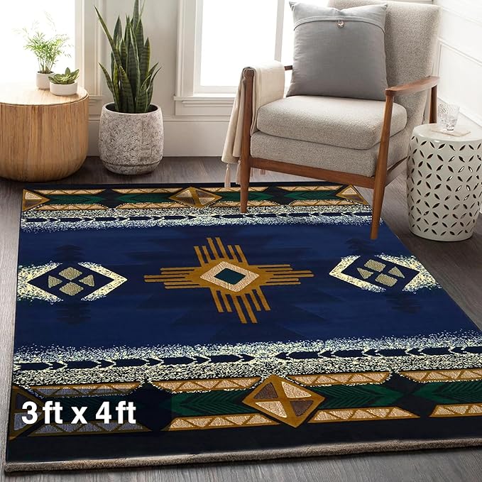 YHSF South West Native American Area Rug C318 - Easy Clean, Thick, Soft, Durable Native Tribal American Indian Inspired Rug for Bedroom/Living Room and More - Navy Blue, 3 Feet x 4 Feet 7 Inches