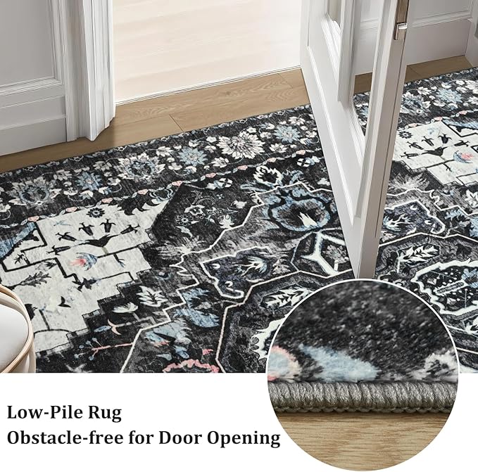 Large Area Rugs 9x12 for Living Room, Bedroom, Washable Vintage Rugs -Low Pile Distressed Rugs for Kitchen, Dining Room, Water Repellent & Non Shedding, Black and Blue