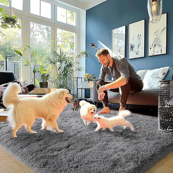 Dark Gray Fluffy Rug Plush Carpet for Bedroom Dorm, Non-Slip High Pile Rug, Shag Rug for Playroom Nursery Home Office Decor 8X10 Ft