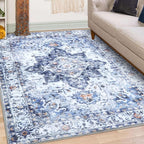 COMSLE 4x6 Rugs for Living Room Washable Area Rugs for Bedroom Faux Wool Distressed Throw Rugs Absorbent Non-Slip Floor Carpet for Indoor Kitchen Laundry Room Blue