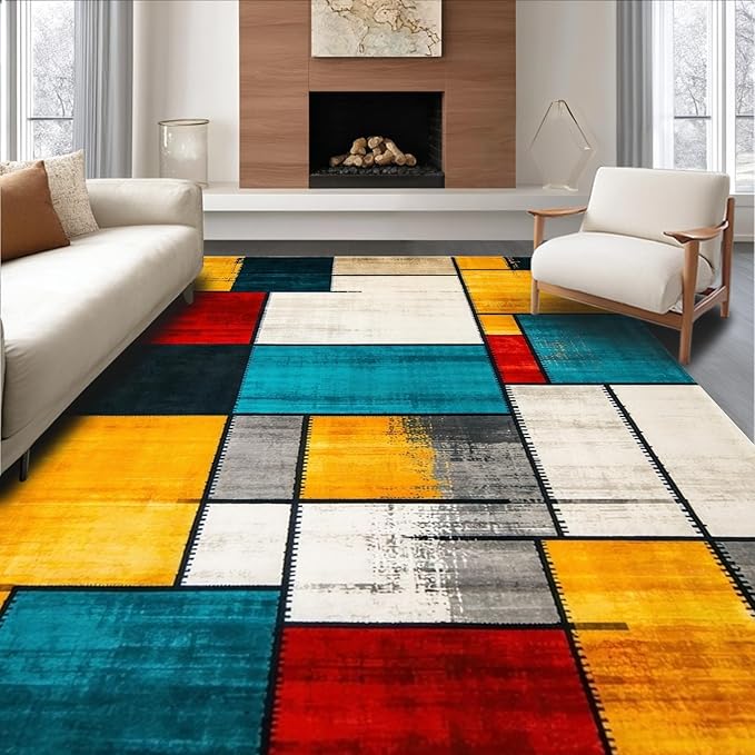 Flatwoven High Traffic Area Rug 5x7, Eclectic Mosaic Patchwork with Distressed Abstract Shapes and Lines, Non Slip, Stain Resistant, Washable Area Rugs for Living Room, Bedroom (Red, 5x7)