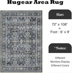 HUGEAR 6x9 Area Rug Black Vintage Machine Washable Living Room Retro Rugs Distressed Floral Vacuumable Low Pile Carpet Bedroom Office Dining Room Laundry Room Non Slip Soft Lightweight