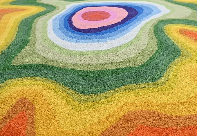 Irregular Shaped Handmade Wool Area Rug | Modern Colourful Stripe Premium Carpet | Perfect for Living Room, Bedroom, Dining Room & Home Decor (Rainbow, 8x8 ft)