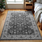 Area Rug 5x7, Washable Faux Wool Throw Rugs for Living Room, 0.3″ Non Slip Low Pile Vintage Boho Carpet for Ding Room, Home Office, Bedroom, Kids Room, Bedside (Black)
