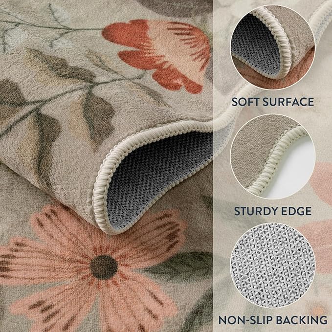 Lahome Floral Entryway Rug, 2x4 Washable Fall Kitchen Rug Ultra-Thin, Soft Non-Slip Door Mat Indoor Entrance Stain Resistant Boho Small Low-Pile Throw Carpet for Bathroom Bedroom, Brown