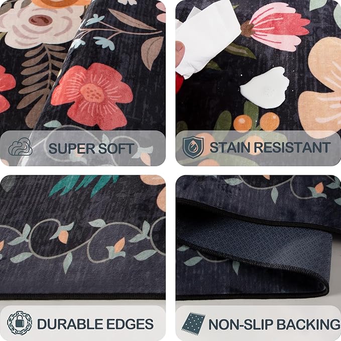 Washable 2'6" x 8' Runners for Hallways, Non Slip Long Floor Runner for Kitchen, Entryway Indoor, Stain Resistant Rubber Backing Floral Décor Rug (Black)