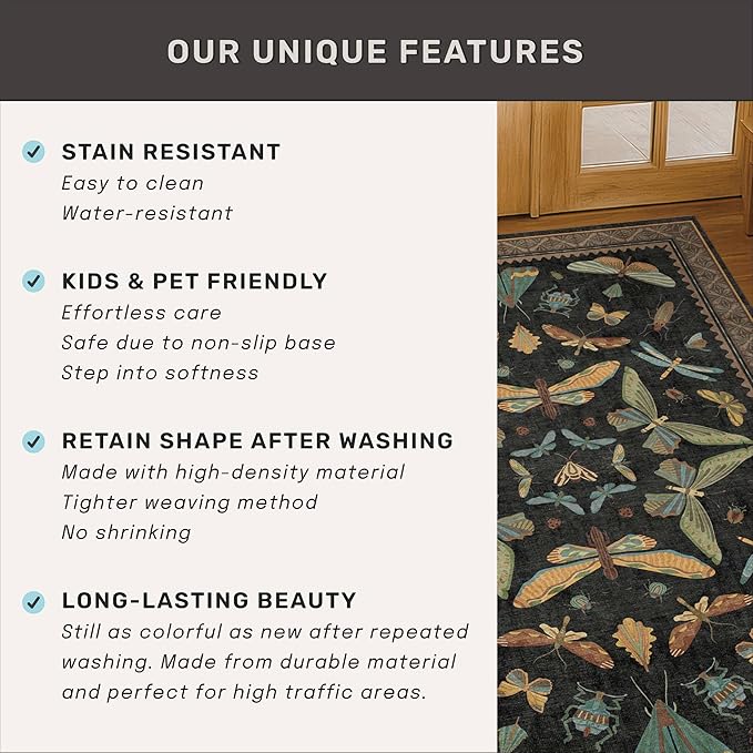 2x5 Black Washable Kitchen Runner Rugs Non Skid Washable - Gothic Runner Rug for Entryway, Kitchen, Insect Print Stain Resistant Indoor Décor