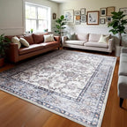 Area Rug for Living Room, 6x9 Machine Washable Non Slip Large Faux Wool Throw Rug, 0.3″ Low Pile & Non-Shedding Boho Large Carpet Rugs for for Dining Room, Bedroom, Office (Gray Purple)