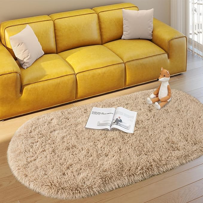 Soft Fluffy Area Rug for Bedroom, Beige Fuzzy Shaggy Oval Throw Rugs for Bedside, Non-Slip Cozy Plush Shag Carpet for Kids Room Nursery Dorm Living Room, 2.6 x 5.3 Feet