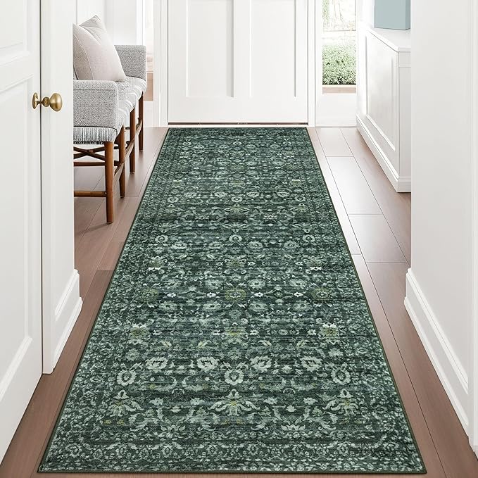 Vintage Runner Rug 3x8, Dark Green Washable Kitchen Runner Non-Slip Soft Hallway Rug Runner Thin Print Faux Wool Carpet for Entryway Bedroom Laundry Room Indoor Home Office Decor