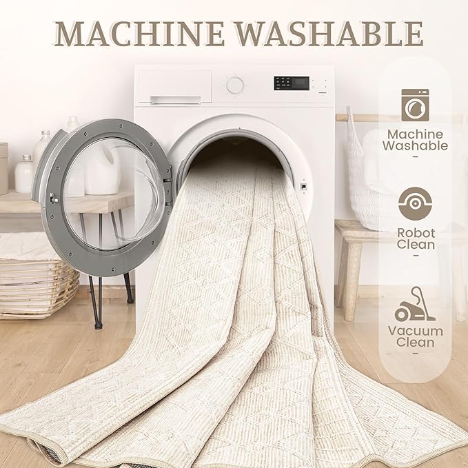 8x10 Area Rug Living Room: Washable Boho Geometric Moroccan Rug Neutral Modern Farmhouse Indoor Soft Non Slip Ultra Thin Large Printed Pattern Carpet for Bedroom Home Office (Beige, 8'x10')