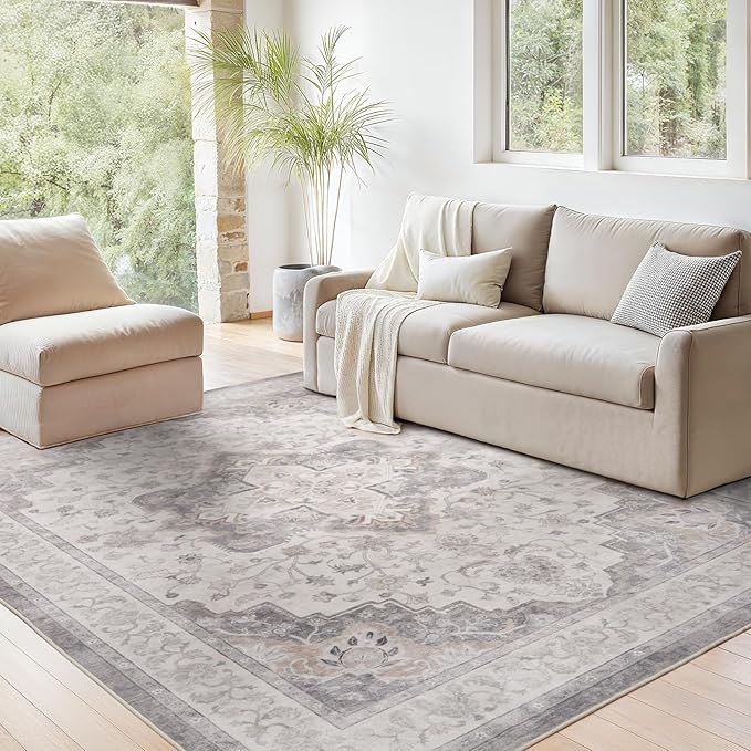 Marsail Area Rug 6x9, Soft & Slip-Resistant Large Area Rug with Reinforced Bound Edges, Vintage Short-Pile Washable Rug with Floral Pattern for Living Room, Dinning Room and Bedroom, Brown