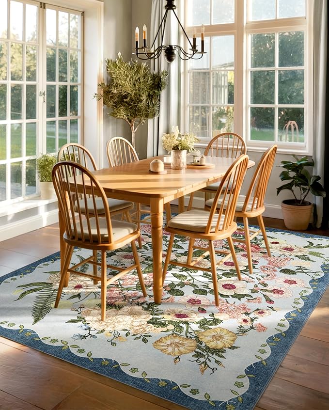 Floral Rugs for Living Room - 9x12 Soft Washable Area Rug Stain Resistant Ultra-Thin Non-Slip Low Pile Farmhouse Vintage Large Carpet for Bedroom Dining Room Nursery Home Office Decor, Blue