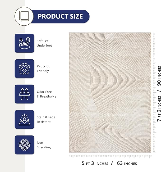 Abani Neutral Beige Area Rug 5' x 8' for Living Room, Bedroom - Zen Reiki Circles Pattern - Durable & Easy to Clean