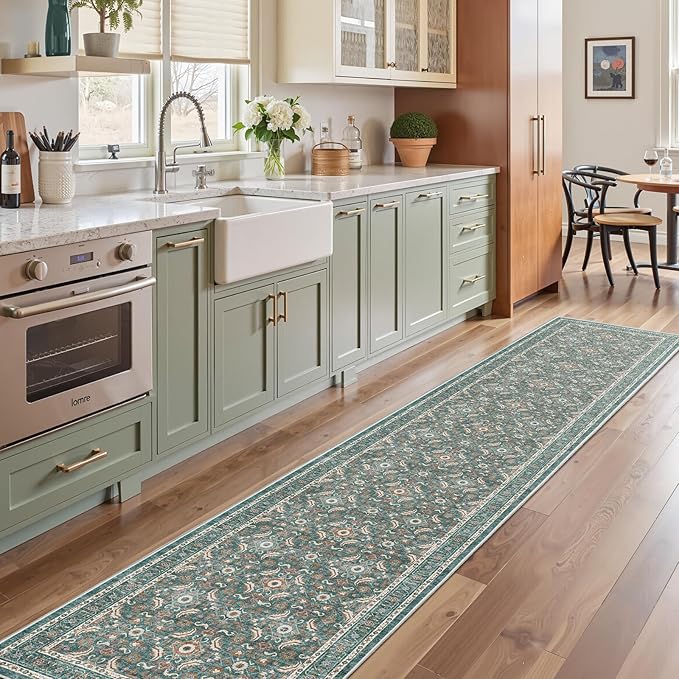 WITSHOCK 2x10 Long Runner Rug for Hallway,Washable Rug Distressed Boho for Bedroom Kitchen Entryway Indoor Entrance,Non Slip Runner Rugs with Rubber Backing（Teal Blue,2x10）