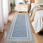 Washable Runner Rug 2x10 Modern Bordered Hallway Runner Rug Non Slip Kitchen Throw Carpet Checkered Bathroom Entryway Runner Rugs Low Pile Solid Area Rugs for Living Room Bedroom Nursery Sink, Blue