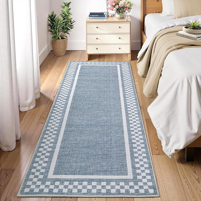 Washable Runner Rug 2x10 Modern Bordered Hallway Runner Rug Non Slip Kitchen Throw Carpet Checkered Bathroom Entryway Runner Rugs Low Pile Solid Area Rugs for Living Room Bedroom Nursery Sink, Blue