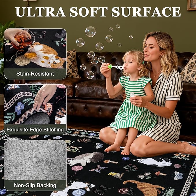 6x9 Area Rugs Living Room Rug: Vintage Washable Rug Floral Soft Carpet Indoor Floor Non-Slip Boho Stain Resistant Large Carpets for Bedroom Kids Nursery Dining Room Farmhouse Home Office Black/C01