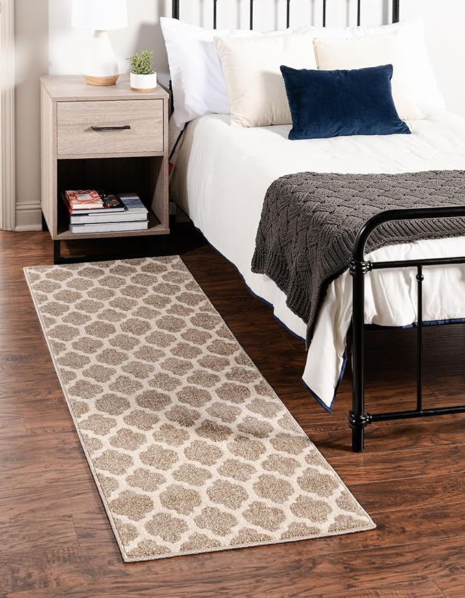 Rugs.com Lattice Collection Rug – 10 Ft Runner Light Brown Medium-Pile Rug Perfect for Hallways, Entryways