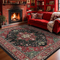 Area Rugs 9'x12' Washable Non-Slip, Floral Vintage Distress Print Pattern Medallion Carpet for Living Room Bedroom Dining Room, Red Black
