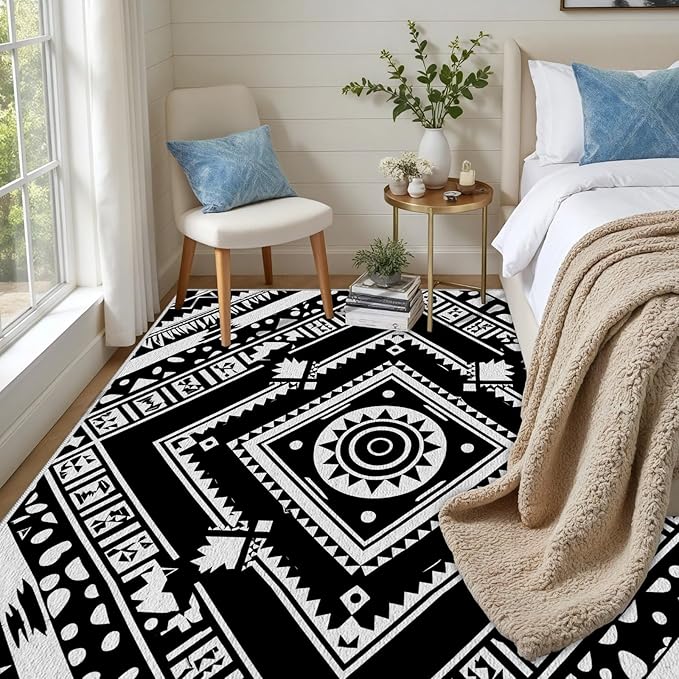 Area Rugs for Living Room 2x3, Moroccan Washable Low Pile Rug, Boho Neutral Farmhouse Ultra Soft Carpet for Bedroom Dining Room Home Decor, Geometric Print Tribal Carpets Black and White