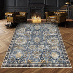 RUGSURE Washable Area Rugs - Stain & Water Resistant Non-Slip Backing - Pet & Child Friendly Vintage Tribal Design in Navy with Beige, Brown & Gold Accents - Ideal for Living Room (8' x 10')