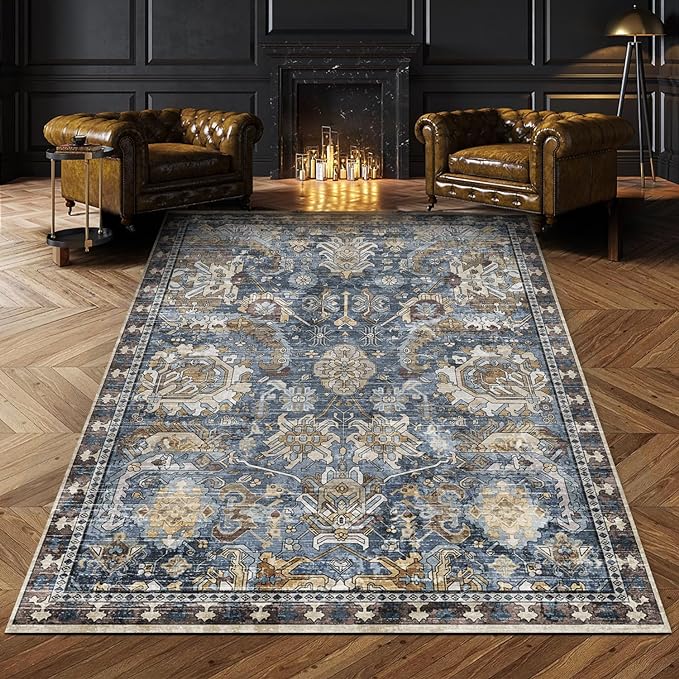 RUGSURE Washable Area Rugs - Perfect for Living Room, Bedroom, Kids Room, Nursery - Stain & Water Resistant Non-Slip, Pet & Child Friendly, Vintage Tribal Area Rugs (Navy, 4' x 6')