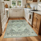 Area Rugs 4'x6' Washable Non-Slip, Floral Vintage Distress Print Pattern Medallion Carpet for Living Room Bedroom Dining Room, Dark Green Gray