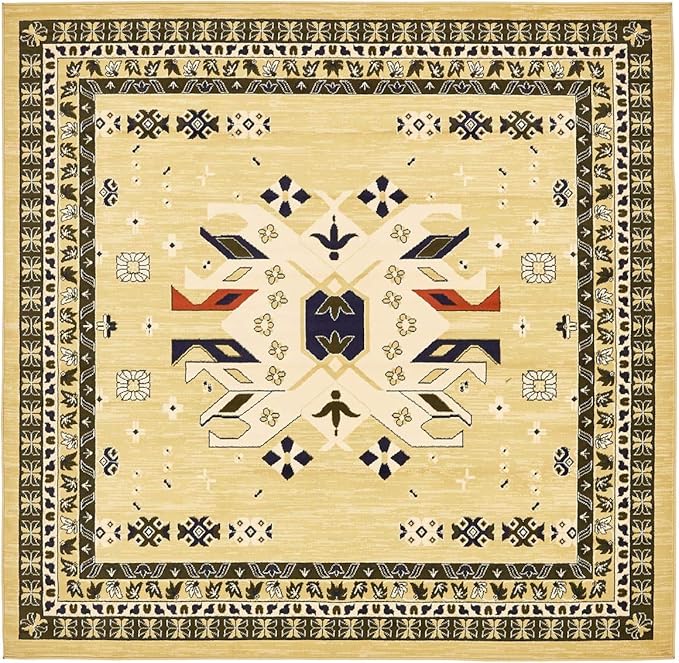 Unique Loom Taftan Collection Border Geometric Tribal Inspired Design Area Rug (8' 0 x 8' 0 Square, Gold/ Gray)