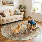 Area Rugs 6ft Washable Non-Slip, Floral Vintage Distress Print Pattern Medallion Carpet for Living Room Bedroom Dining Room, Brick Red Rust Neutral Brown Burnt Orange