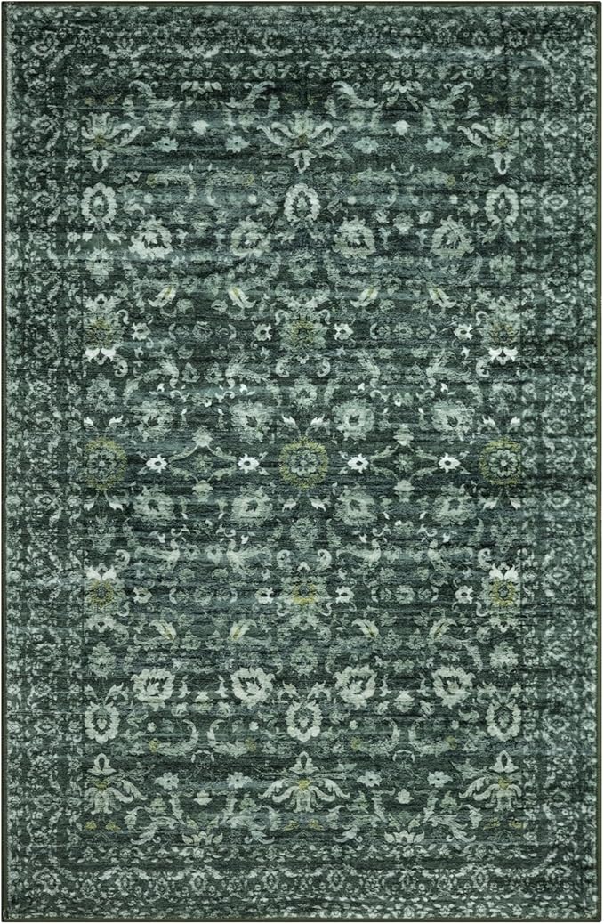 Vintage Floral 3x5 Rug, Dark Green Entryway Rug Small Area Rug Washable Non-Slip Throw Rug, Thin Printed Faux Wool Low-Pile Kitchen Rugs Super Soft Capet for Entrance Bedroom Office Home Decor