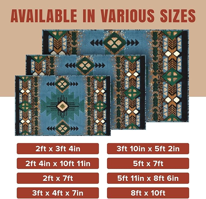 YHSF South West Native American Area Rug C318 - Easy Clean, Thick, Soft, Durable Native Tribal American Indian Inspired Rug for Bedroom/Living Room and More - Blue-Green, 2 Feet x 3 Feet 4 Inches