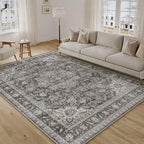 6x9 Washable Vintage Area Rug Black Grey Living Room Bedroom Carpet Non-Slip Soft Low Pile Distressed Indoor Throw Rug for Dining Room Entryway Office