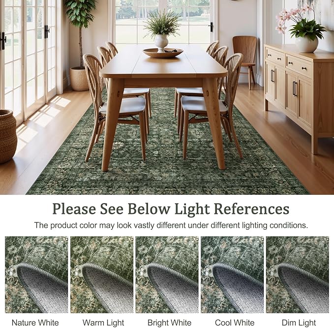 Morebes Vintage Throw Rugs, 3x5 Washable Rug Non Slip, Soft Area Rug for Bedroom, Distressed Non-Shedding Floral Rug for Entryway Bathroom Kitchen Foyer Bedside Playroom Christmas Decor,Dark Green