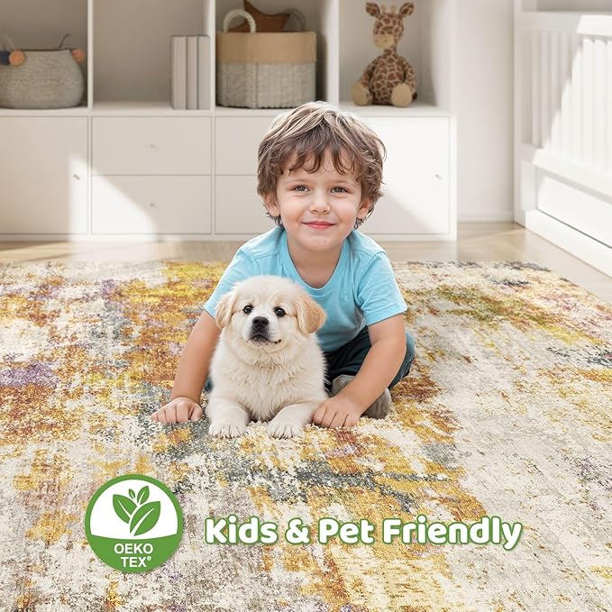6x9 Area Rugs Living Room: Washable Large Abstract Modern Soft Stain Resistant Indoor Floor Rugs Non Slip Accent Carpet for Bedroom Nursery Playroom Office Dining Room Dorm Home House- Gold Colorful