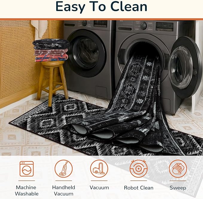 Area Rug 2x5 Rug Machine Washable Non-Slip Low Pile Print Pattern Western Rug for Living Room Bedroom Entryway Tribal Series-Black