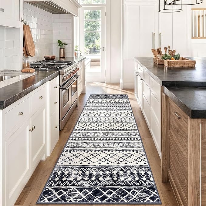 KUTA Moroccan Kitchen Rugs 3x8, Non-Slip Vintage Black Navy Blue Boho Hallway Runner Rug Ultra Soft Print Geometric Floor Carpet Runners for Bedroom Laundry Living Room