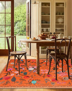 Boho Washable Area Rug 6x9 for Living Room, Bedroom, Office, Playroom, Kitchen or Dining Room, Soft Floral Carpet for Indoor Use, Easy Care Non-Slip Design (Orange)