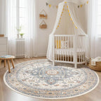 Round Rug Living Room Rugs: 10Ft Washable Boho Neutral Large Circle Soft Indoor Distressed Stain Resistant Floor Farmhouse Carpet for Bedroom Nursery Kids Playroom Office Dining Room Dorm- Beige Blue