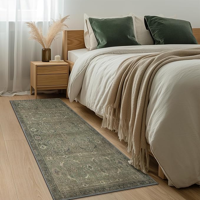 2x5 Runner Rug Machine Washable Boho Runners for Hallway,Ultra-Thin Low Pile Rug,Lightweight Indoor Carpet,Non Slip Floral Runners for Enrtyway, Corridor, Home Office, Kitchen,Brownish Green