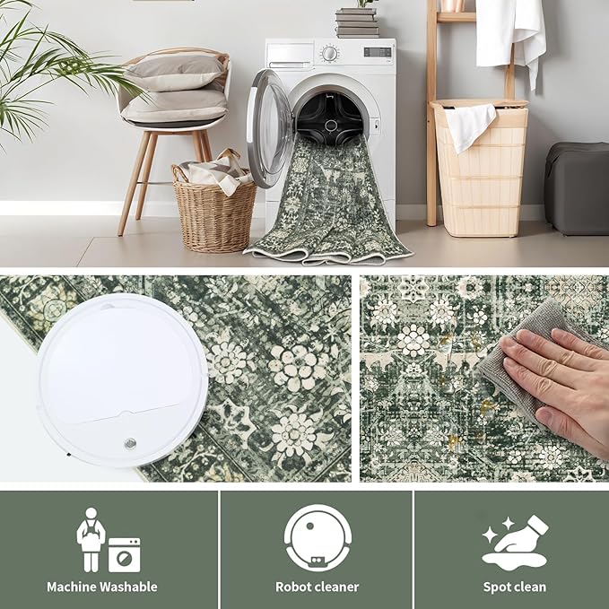 Area Rug 5×7 Washable Rugs for Bedroom, Vintage Floral Rug Soft Non Slip Stain Resistant Carpet for Living Room Dinning Room Kitchen Home Office Green Black