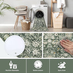 Area Rug 9×12 Washable Rugs for Bedroom, Vintage Floral Rug Soft Non Slip Stain Resistant Carpet for Living Room Dinning Room Kitchen Home Office Green Black