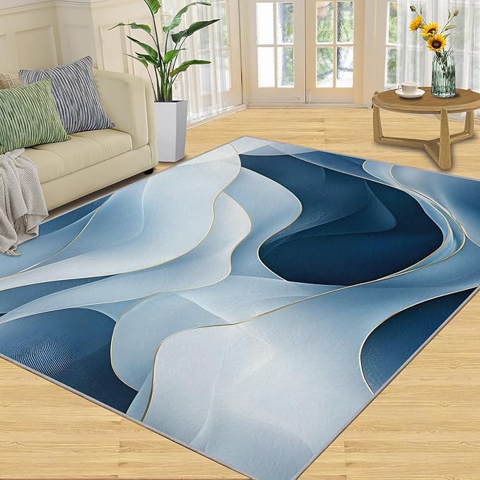 8x10 Abstract Lines Rugs for Living Room - Blue-White-Waves Large Area Rug, Modern Abstract Modern Boy Nursery Rug Soft Washable for Classroom Office Bedroom Kids Room